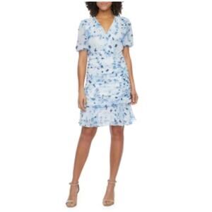 ☀️Be by Chetta B Floral Print Puff Sleeve Ruched Sheath Dress Blue Women's 16